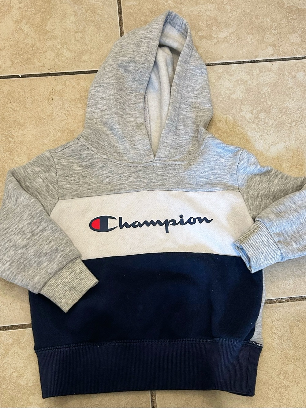 Champion Kids Colorblock Hoodie - Gray, White & Navy with Red Logo